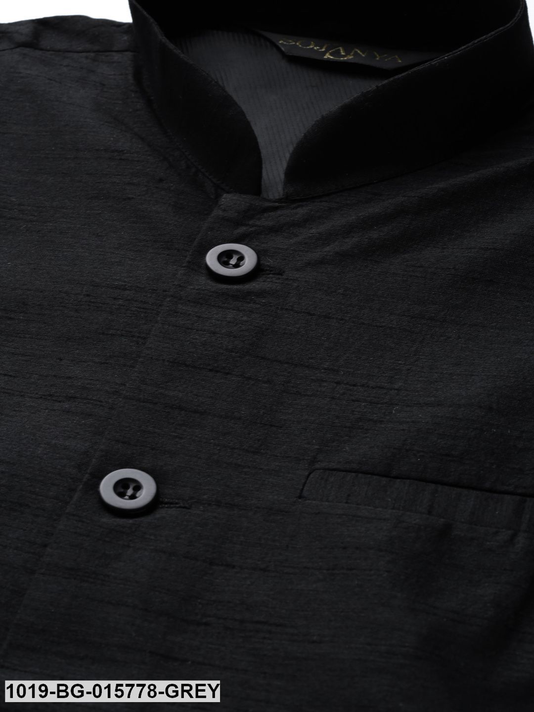 Men's Silk Blend Grey Kurta Pyjama & Black Nehru jacket Combo