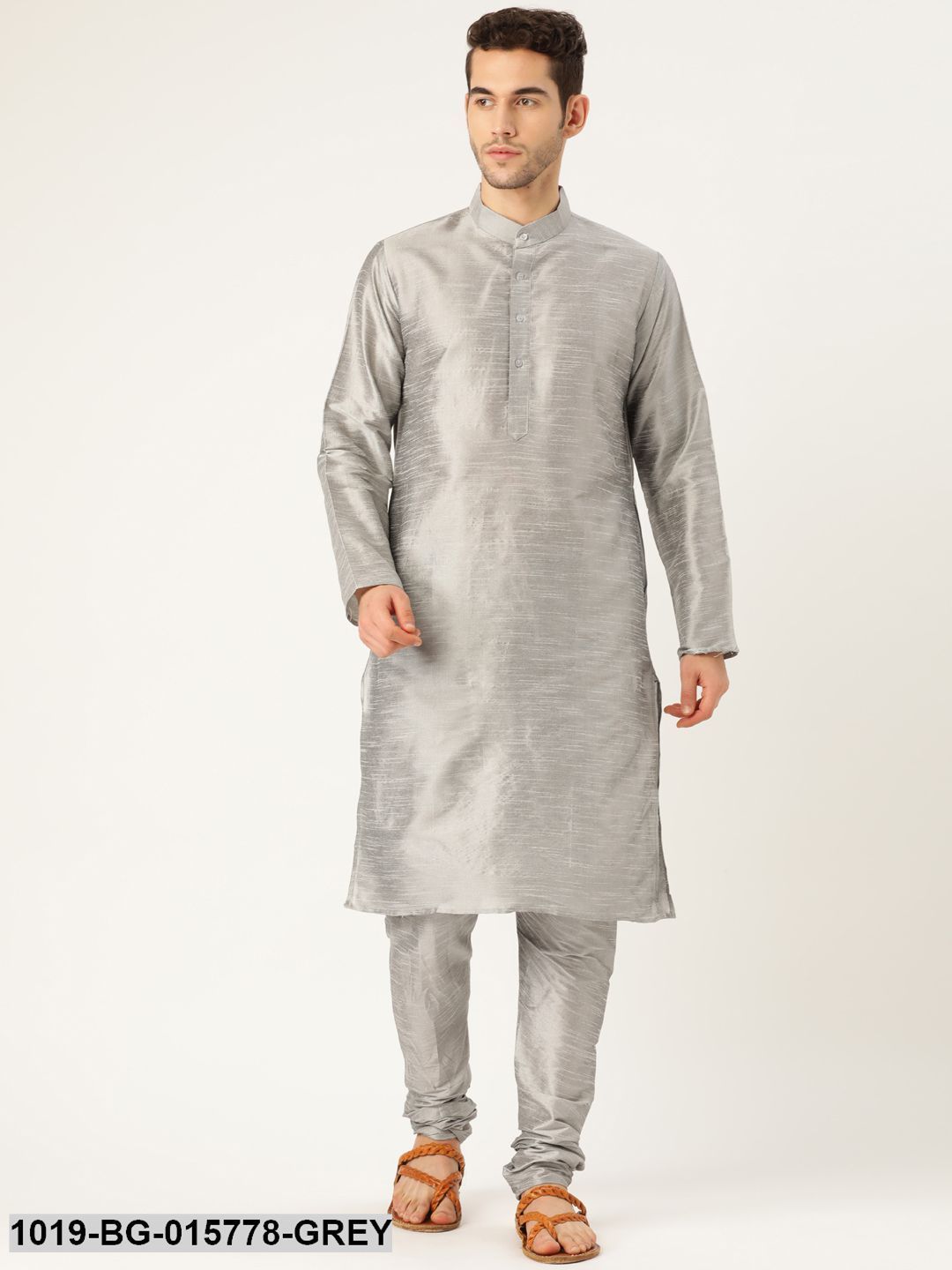 Men's Silk Blend Grey Kurta Pyjama & Black Nehru jacket Combo