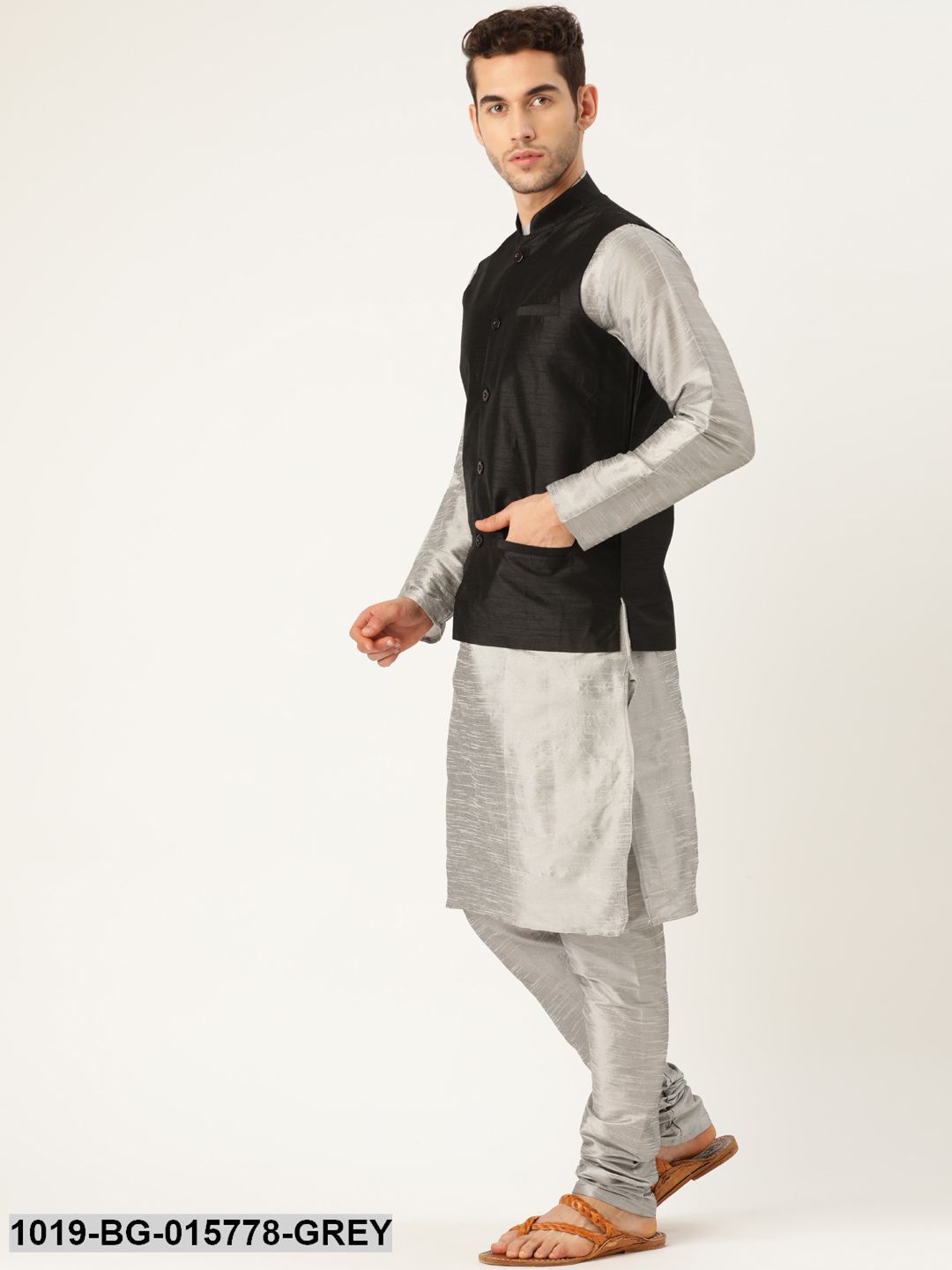 Men's Silk Blend Grey Kurta Pyjama & Black Nehru jacket Combo