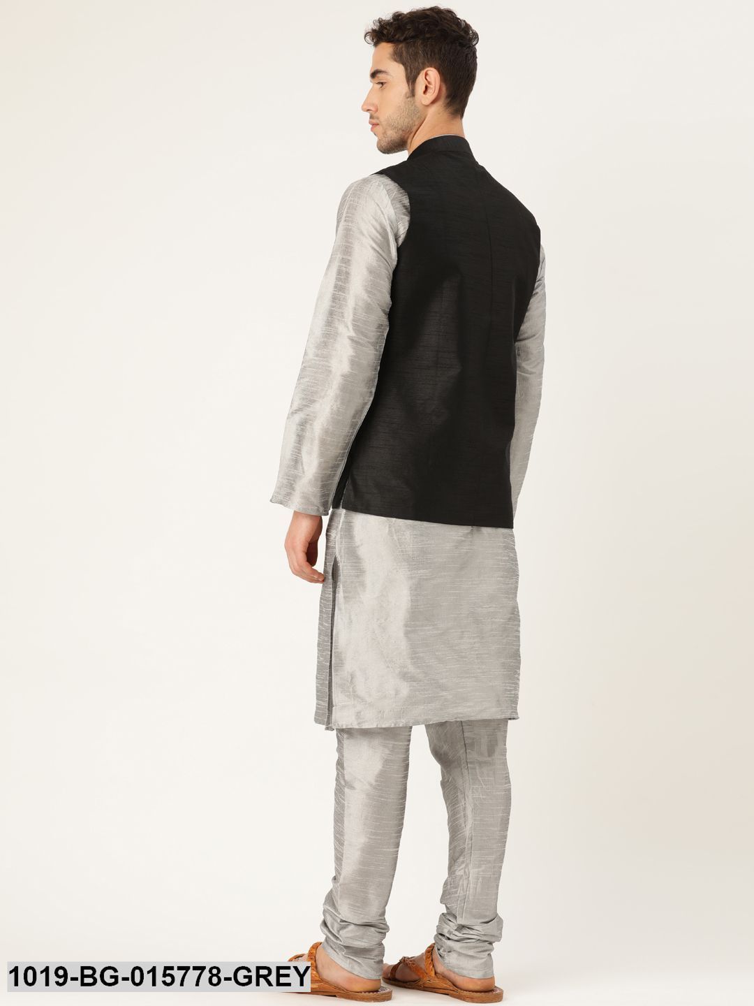 Men's Silk Blend Grey Kurta Pyjama & Black Nehru jacket Combo