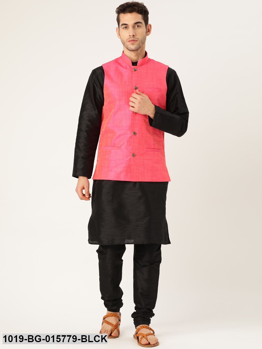 Men's Silk Blend Black Kurta Pyjama & Pink Nehru jacket Combo