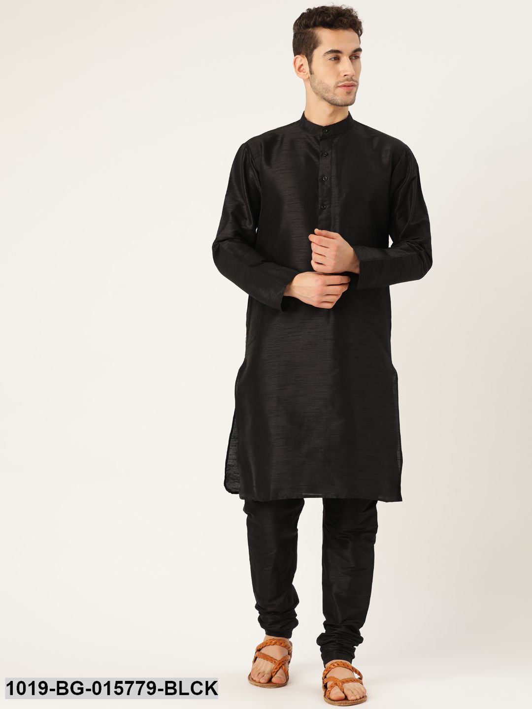Men's Silk Blend Black Kurta Pyjama & Pink Nehru jacket Combo