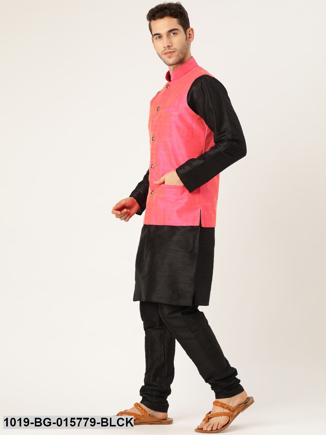 Men's Silk Blend Black Kurta Pyjama & Pink Nehru jacket Combo