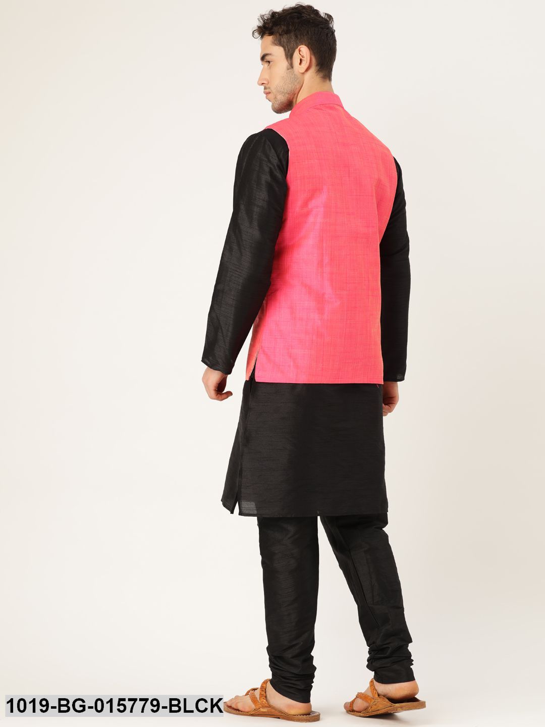 Men's Silk Blend Black Kurta Pyjama & Pink Nehru jacket Combo