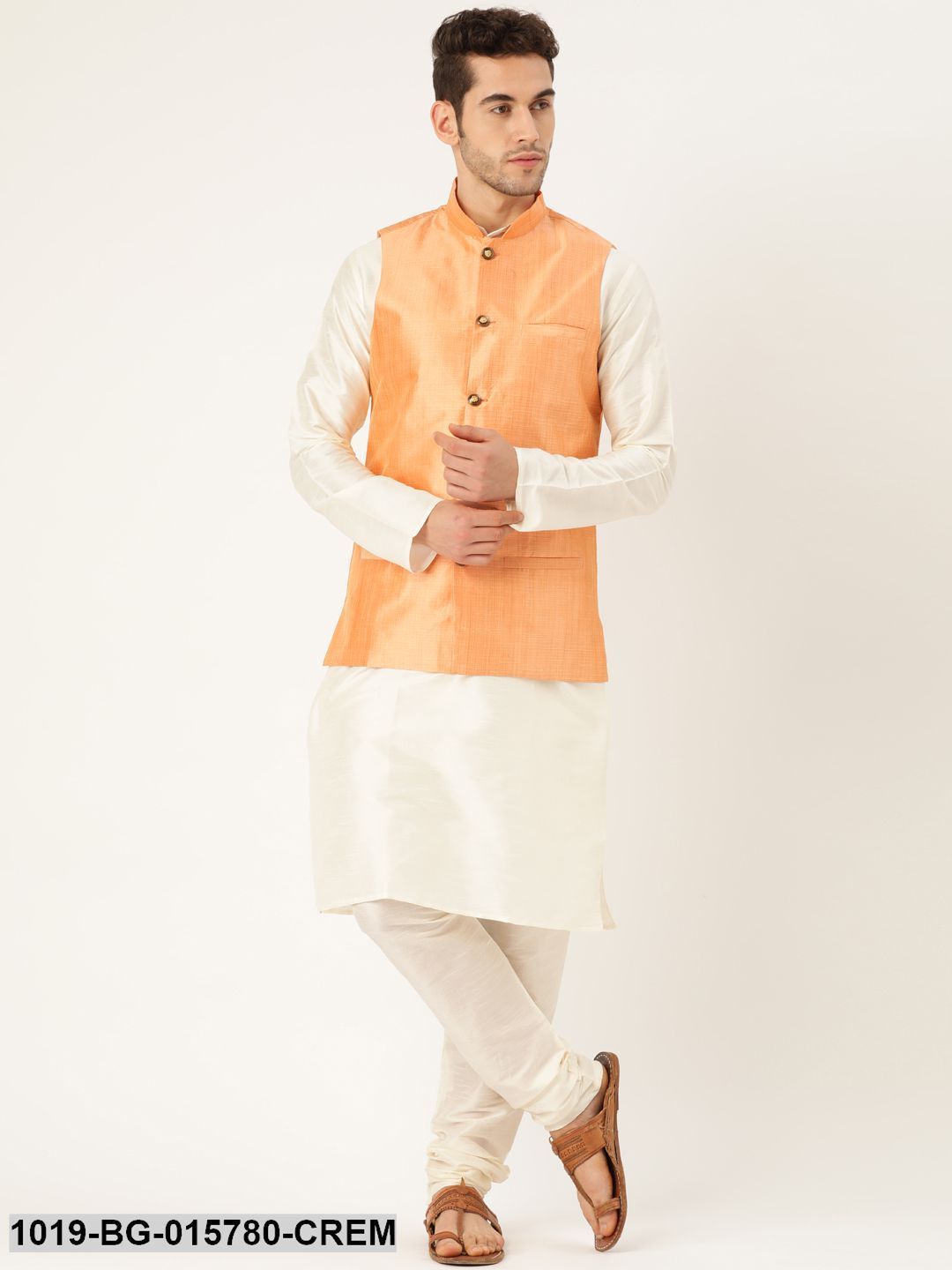 Men's Silk Blend Cream Kurta Pyjama & Peach Nehru jacket Combo