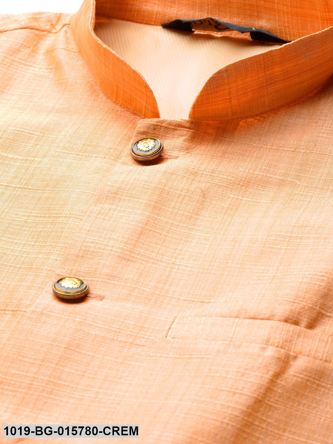 Men's Silk Blend Cream Kurta Pyjama & Peach Nehru jacket Combo