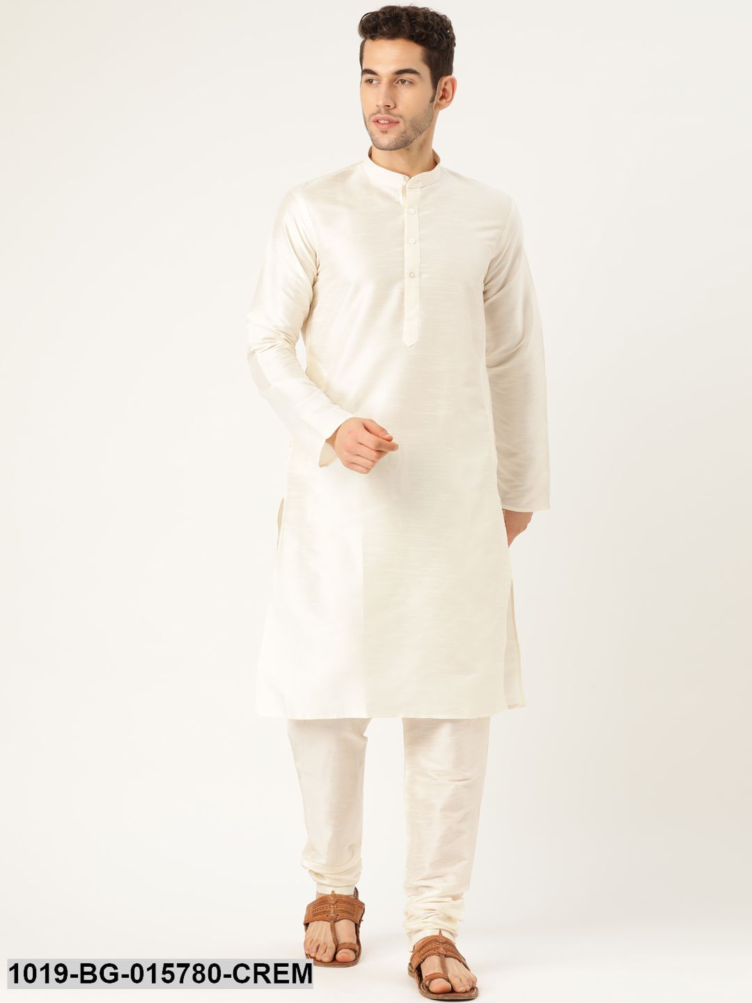 Men's Silk Blend Cream Kurta Pyjama & Peach Nehru jacket Combo
