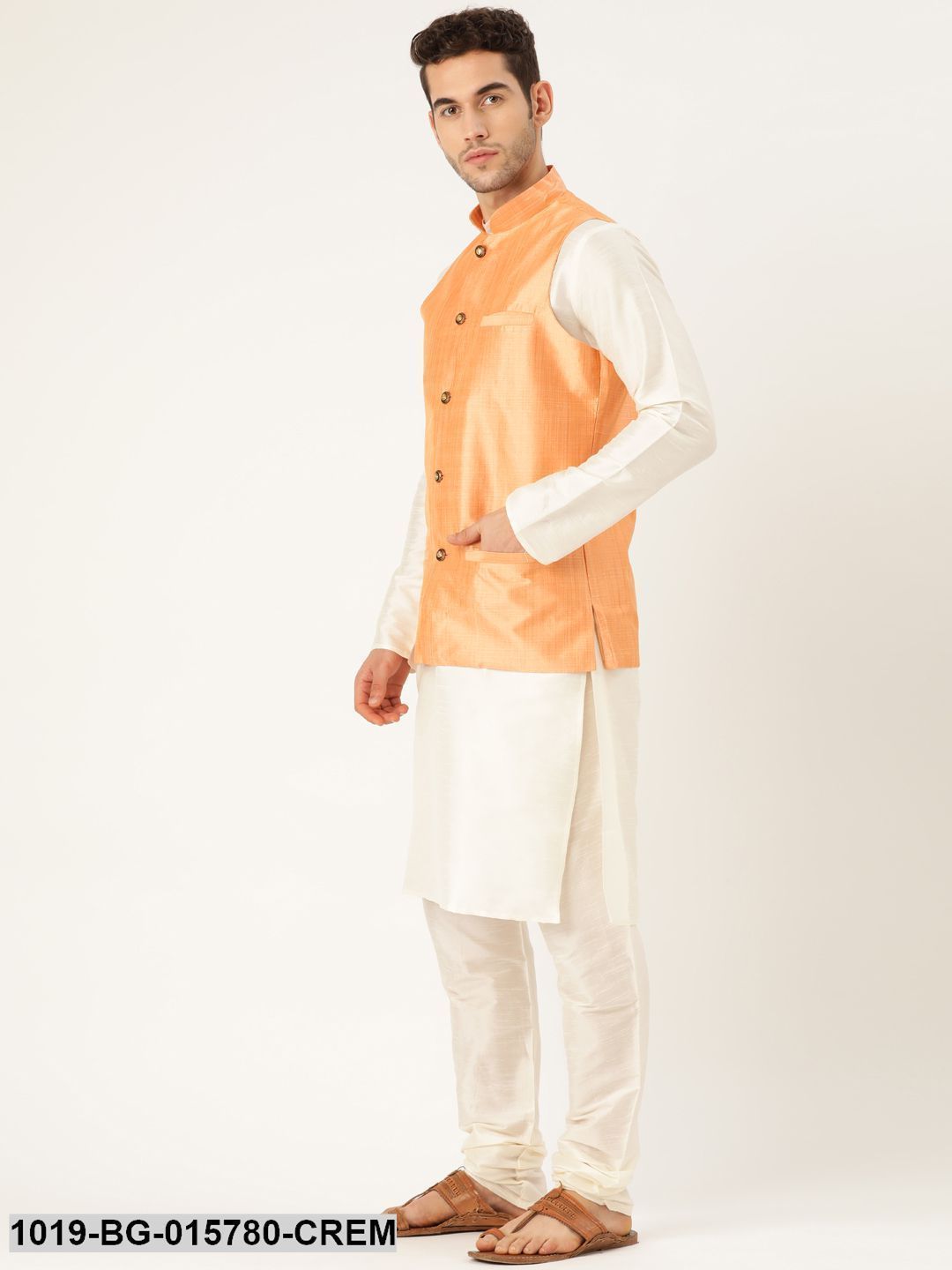 Men's Silk Blend Cream Kurta Pyjama & Peach Nehru jacket Combo