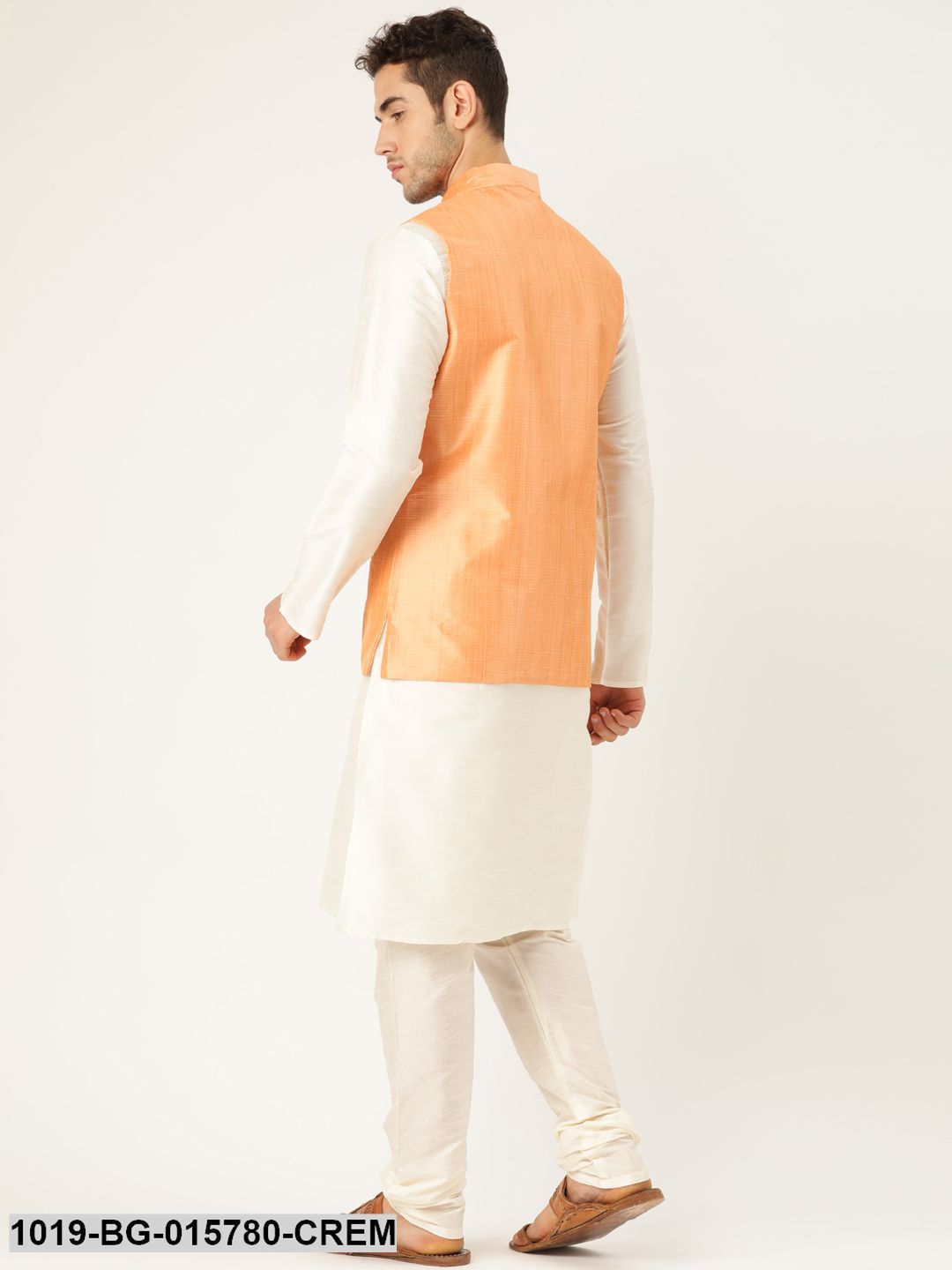 Men's Silk Blend Cream Kurta Pyjama & Peach Nehru jacket Combo