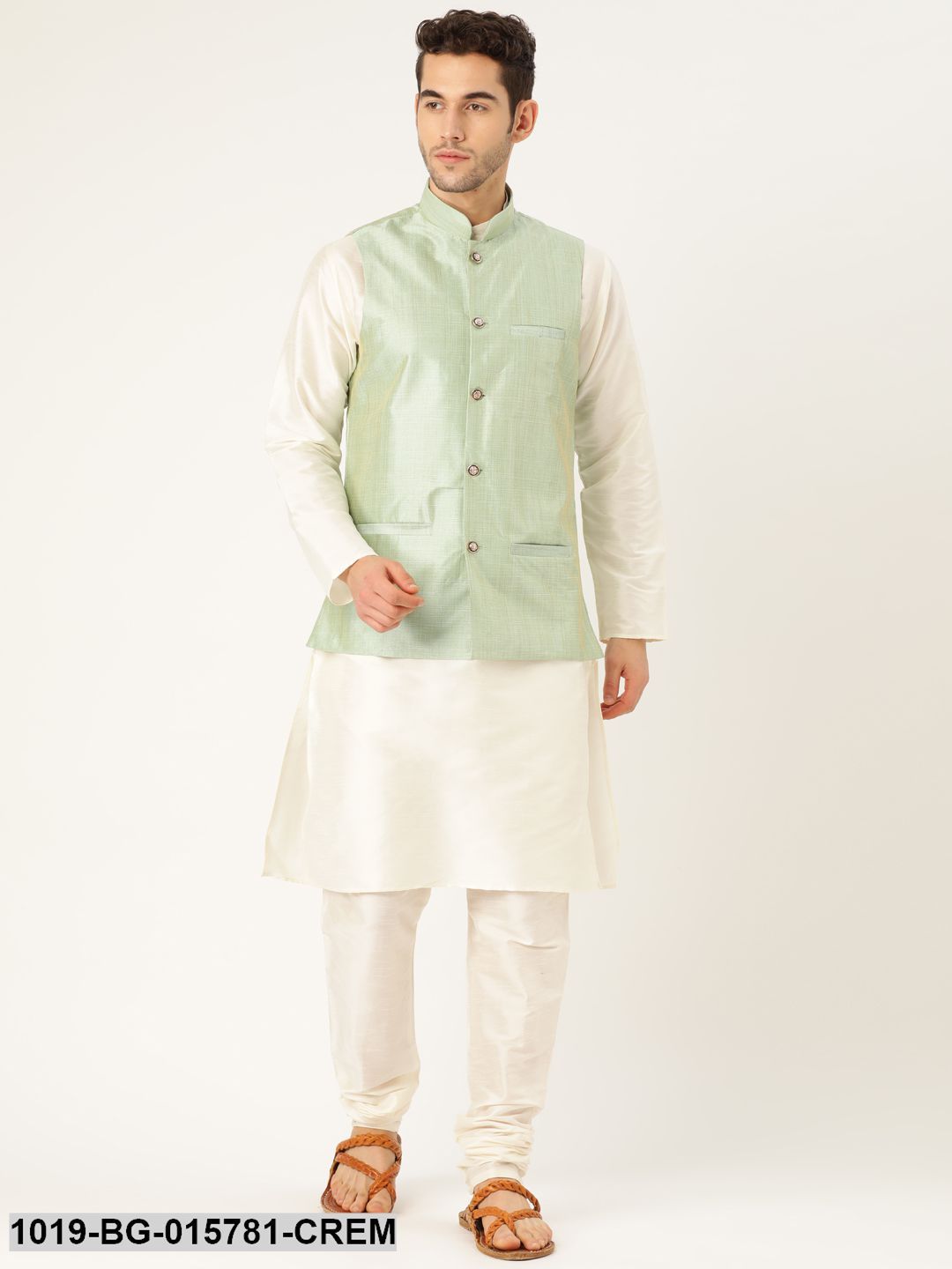 Men's Silk Blend Cream Kurta Pyjama & Lime Green Nehru jacket Combo