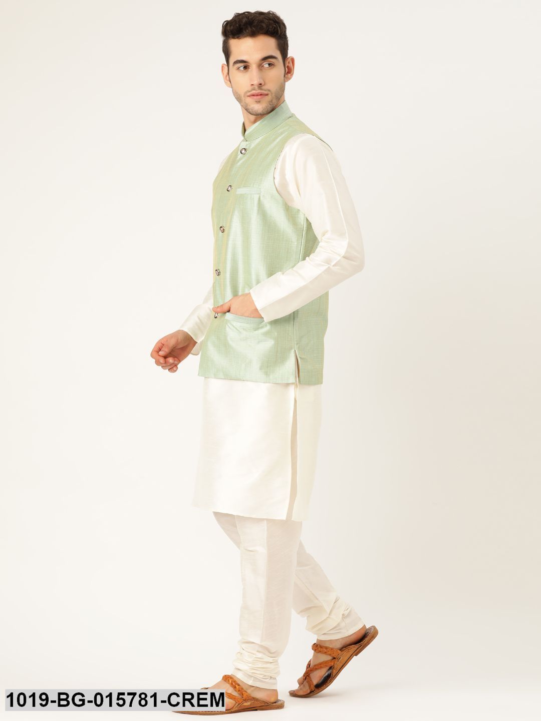 Men's Silk Blend Cream Kurta Pyjama & Lime Green Nehru jacket Combo