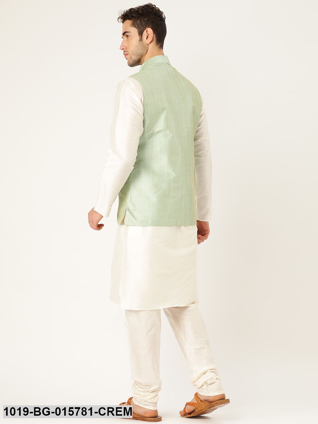Men's Silk Blend Cream Kurta Pyjama & Lime Green Nehru jacket Combo