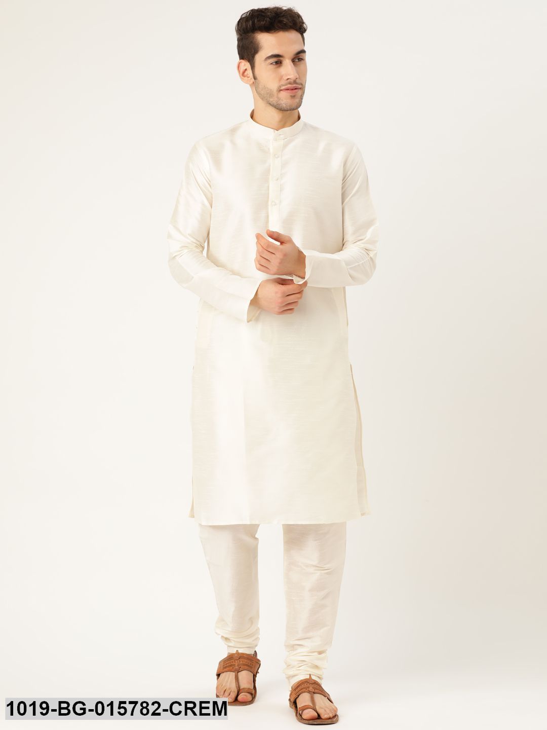 Men's Silk Blend Cream Kurta Pyjama & Gold Nehru jacket Combo
