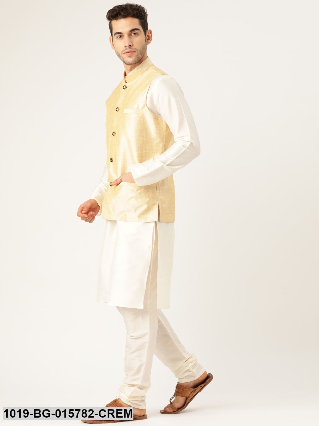 Men's Silk Blend Cream Kurta Pyjama & Gold Nehru jacket Combo