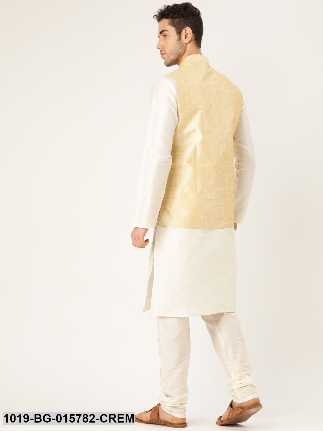 Men's Silk Blend Cream Kurta Pyjama & Gold Nehru jacket Combo
