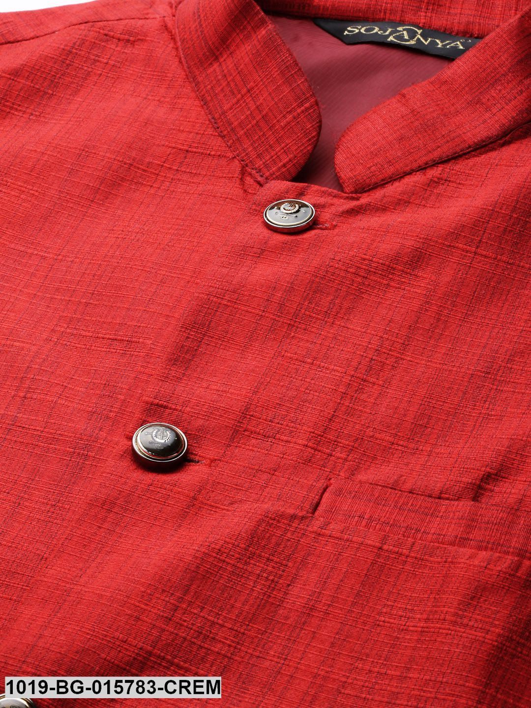 Men's Silk Blend Cream Kurta Pyjama & Red Nehru jacket Combo
