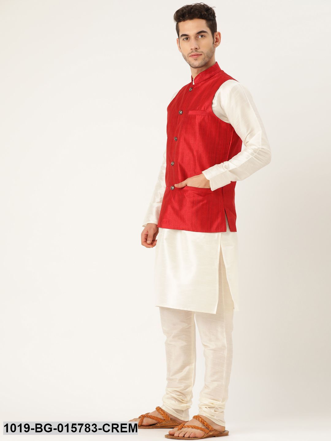 Men's Silk Blend Cream Kurta Pyjama & Red Nehru jacket Combo