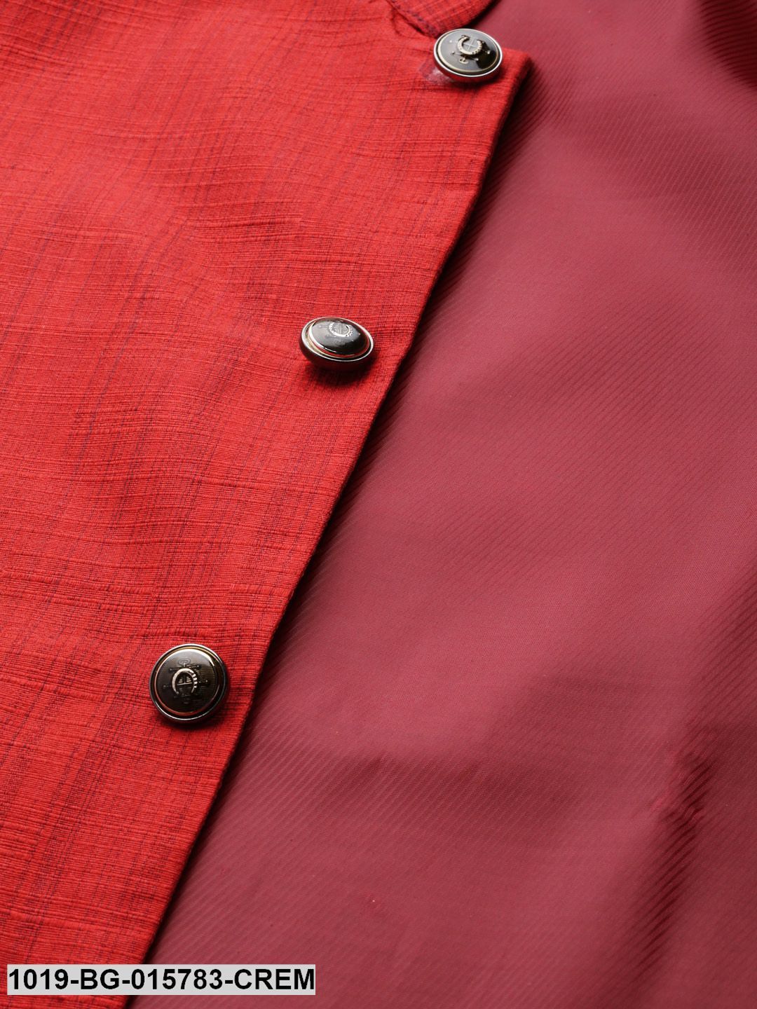 Men's Silk Blend Cream Kurta Pyjama & Red Nehru jacket Combo
