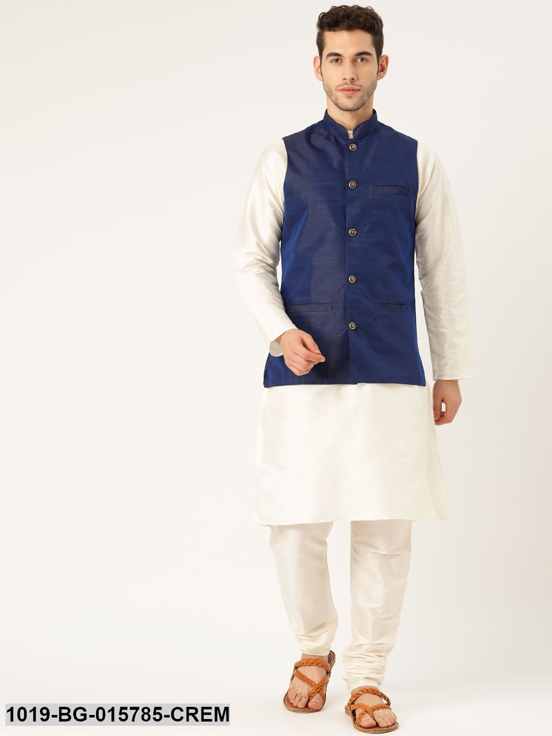 Men's Silk Blend Cream Kurta Pyjama & Navy Blue Nehru jacket Combo