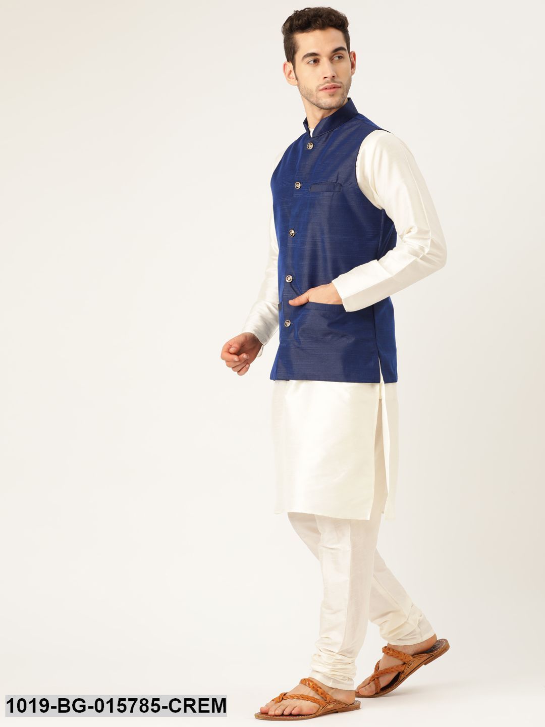 Men's Silk Blend Cream Kurta Pyjama & Navy Blue Nehru jacket Combo