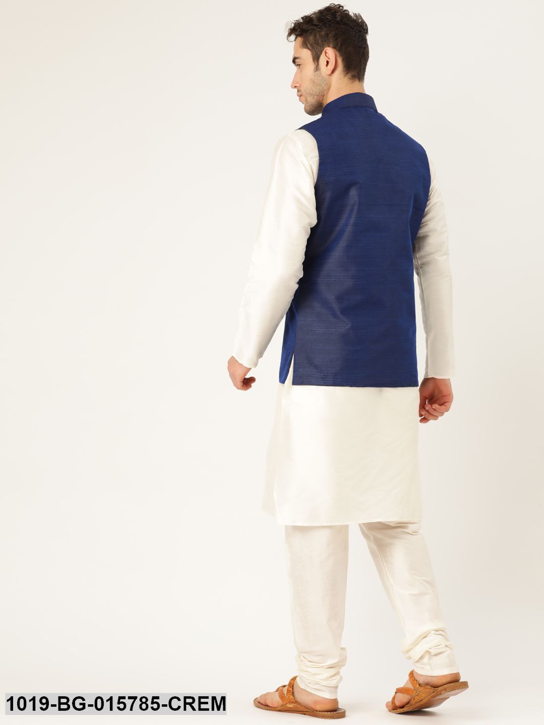 Men's Silk Blend Cream Kurta Pyjama & Navy Blue Nehru jacket Combo