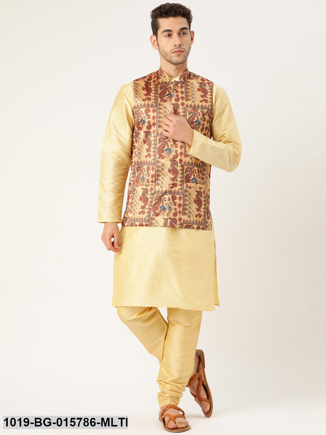 Men's Silk Blend Gold Kurta Pyjama & Multi Nehru jacket Combo