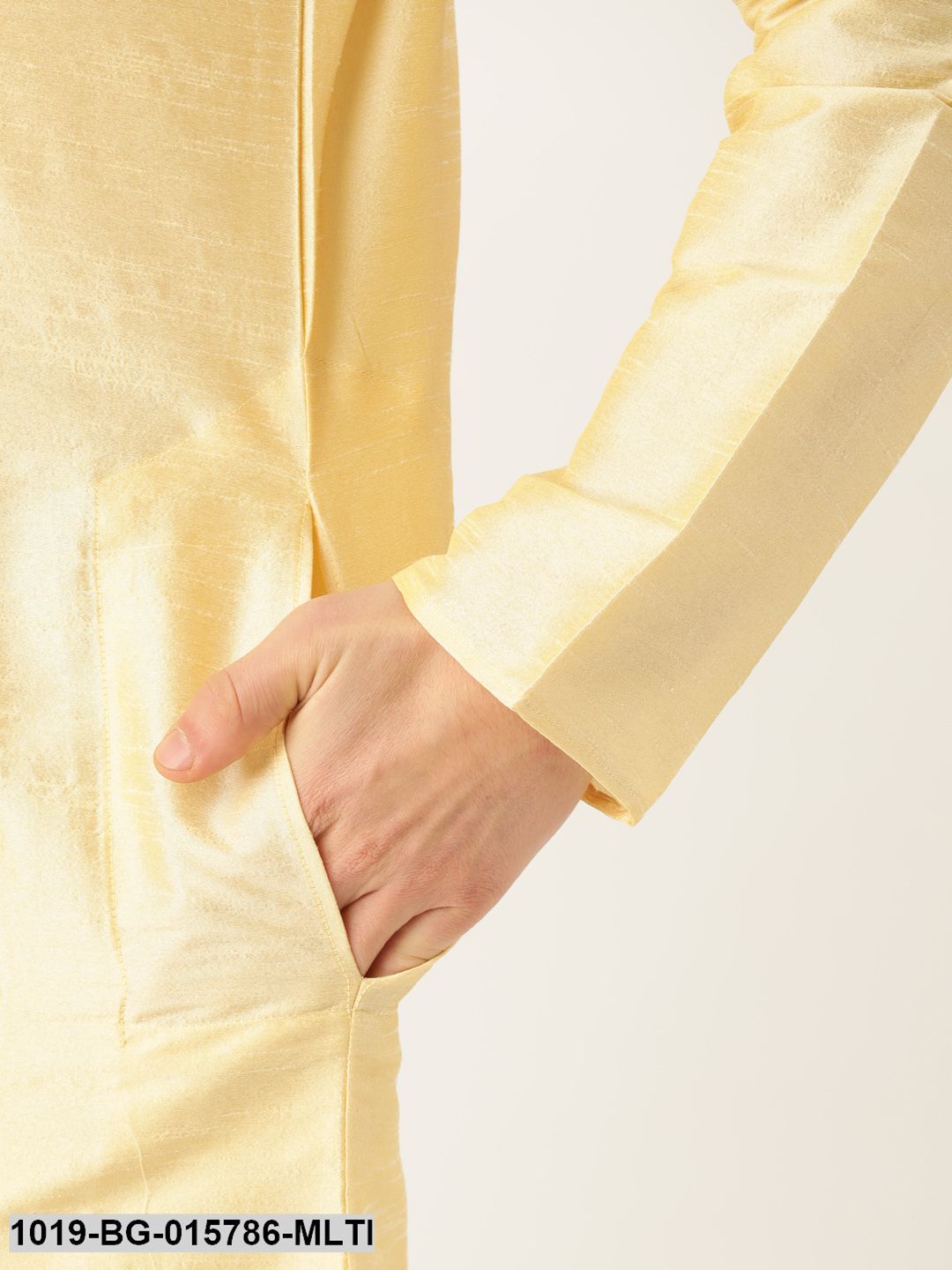 Men's Silk Blend Gold Kurta Pyjama & Multi Nehru jacket Combo