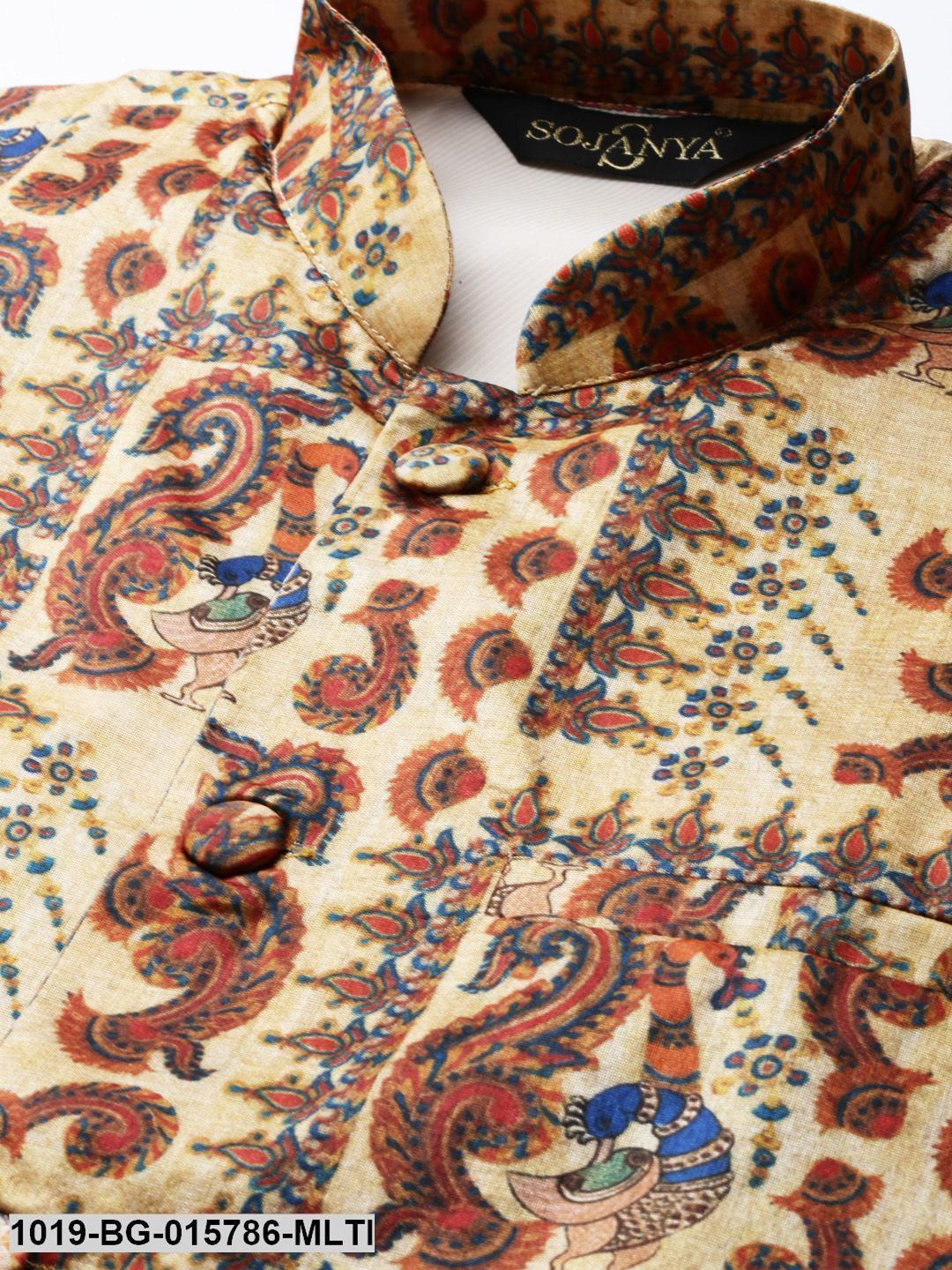 Men's Silk Blend Gold Kurta Pyjama & Multi Nehru jacket Combo