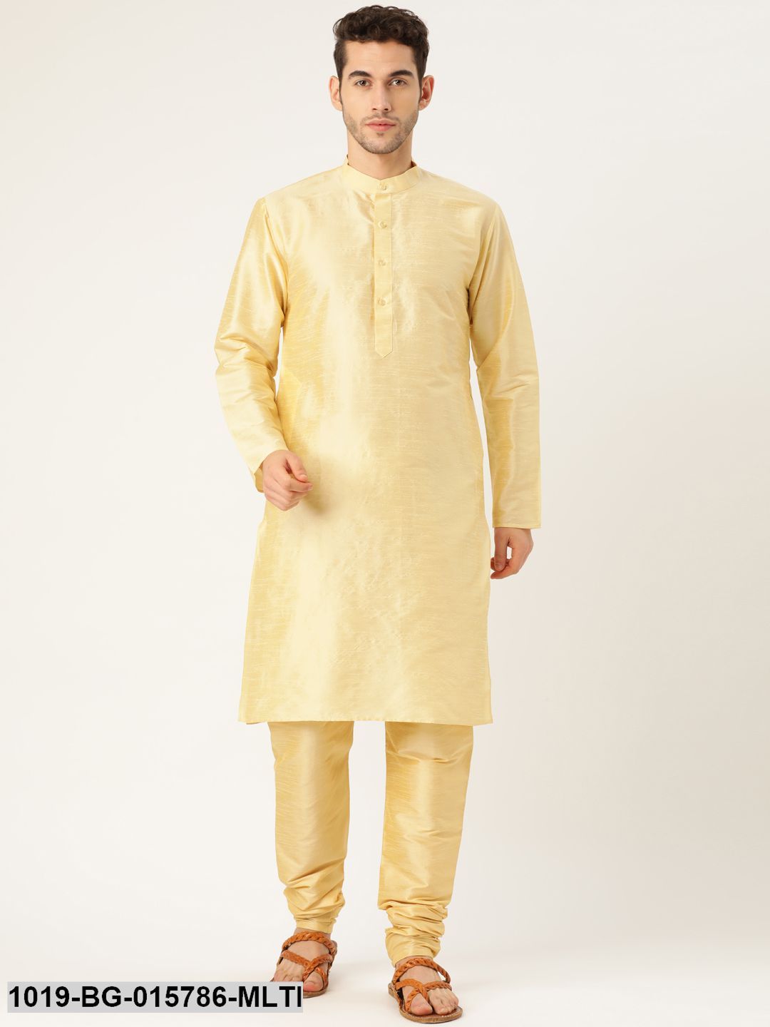 Men's Silk Blend Gold Kurta Pyjama & Multi Nehru jacket Combo
