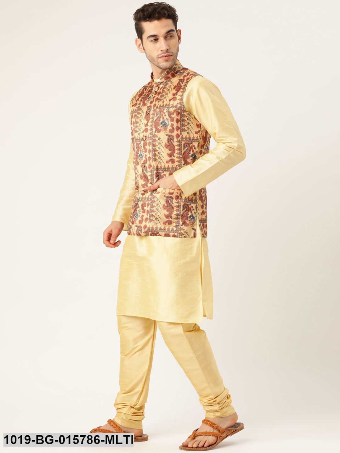 Men's Silk Blend Gold Kurta Pyjama & Multi Nehru jacket Combo