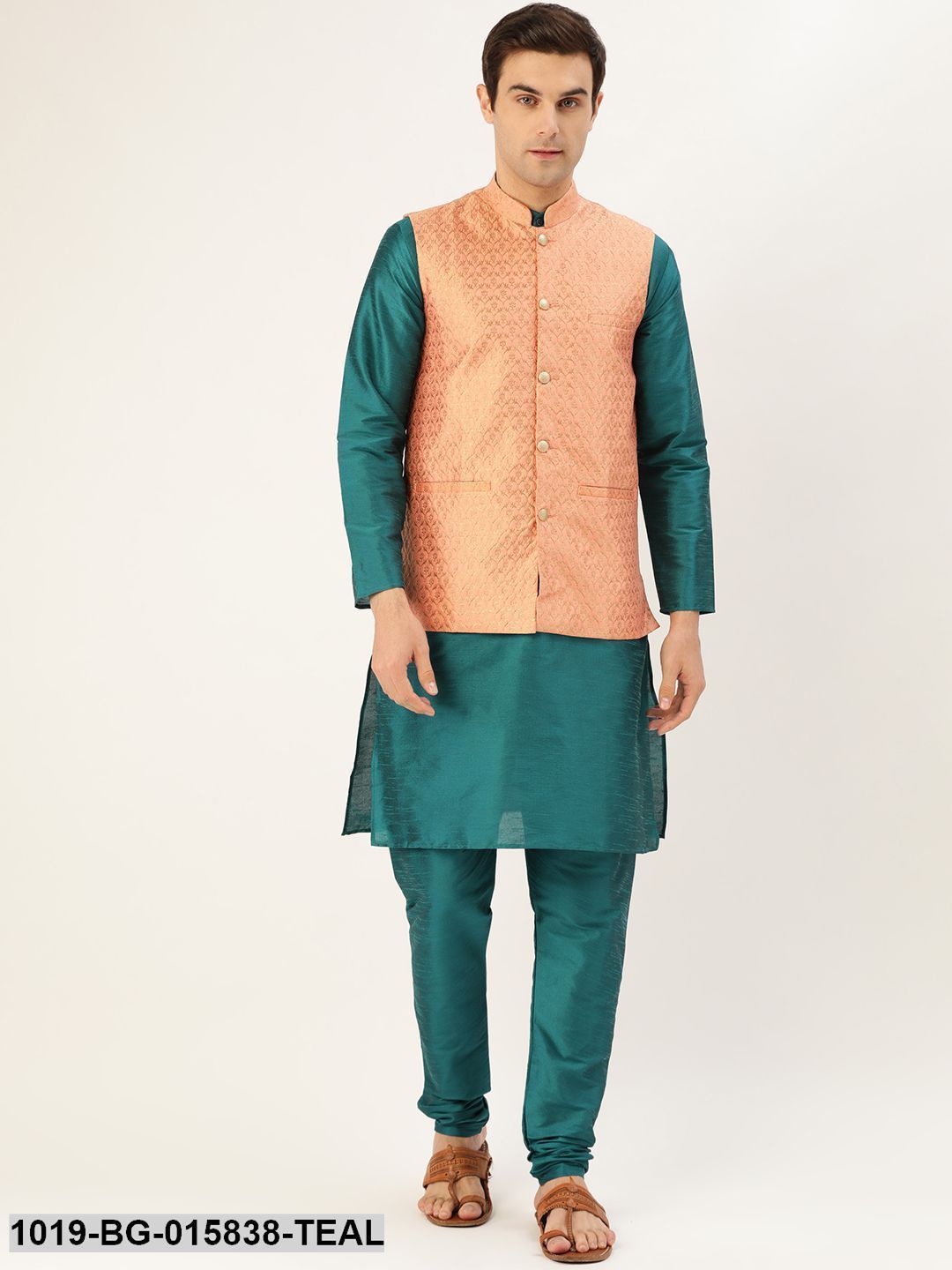 Men's Silk Blend Teal Green Kurta Pyjama & Peach Nehru jacket Combo
