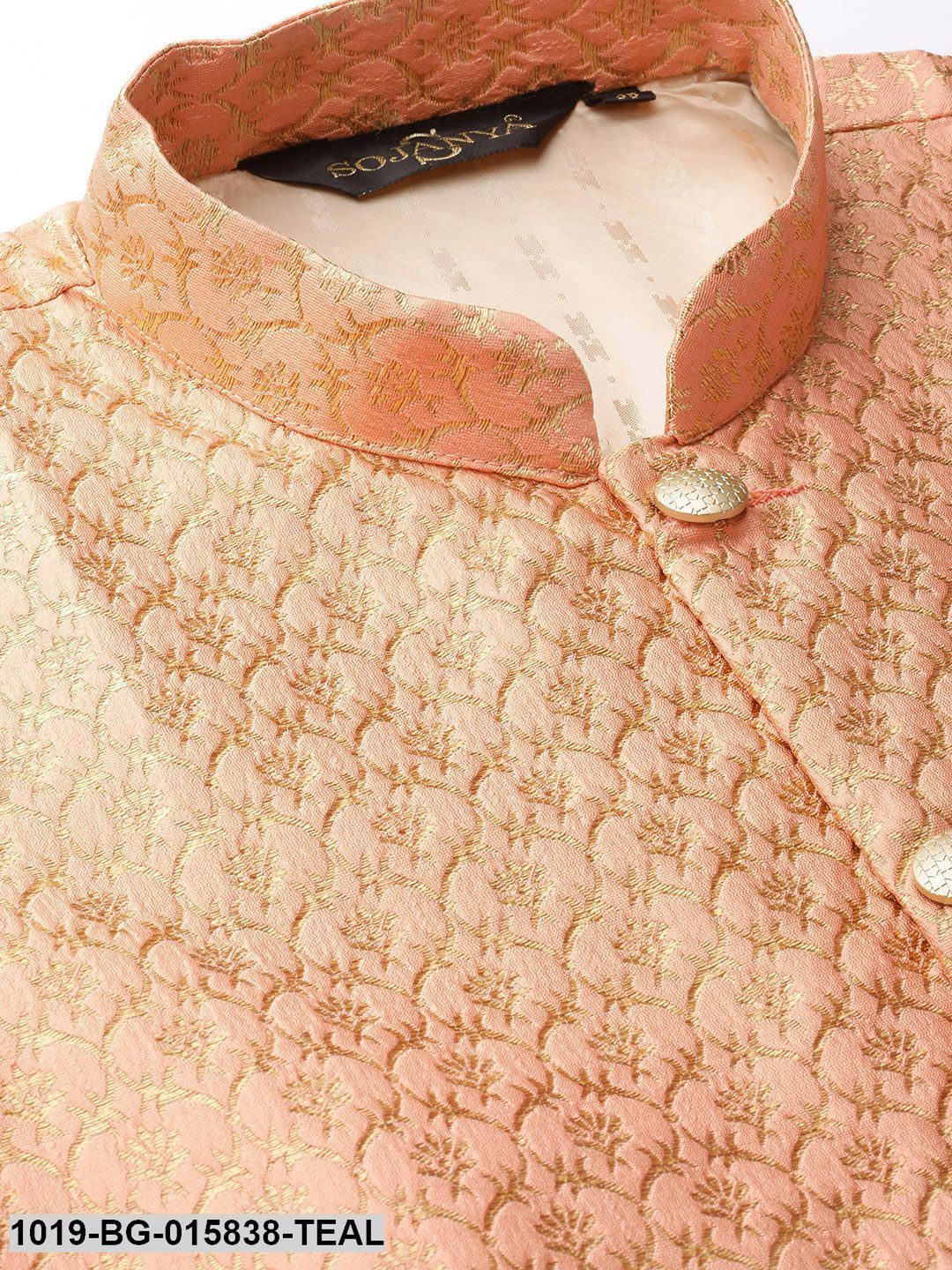 Men's Silk Blend Teal Green Kurta Pyjama & Peach Nehru jacket Combo