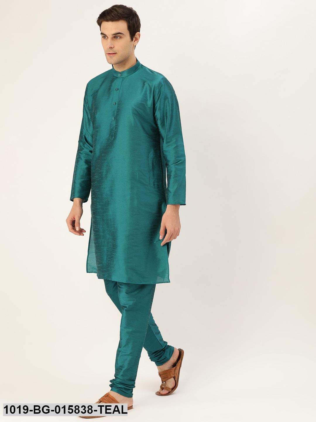 Men's Silk Blend Teal Green Kurta Pyjama & Peach Nehru jacket Combo