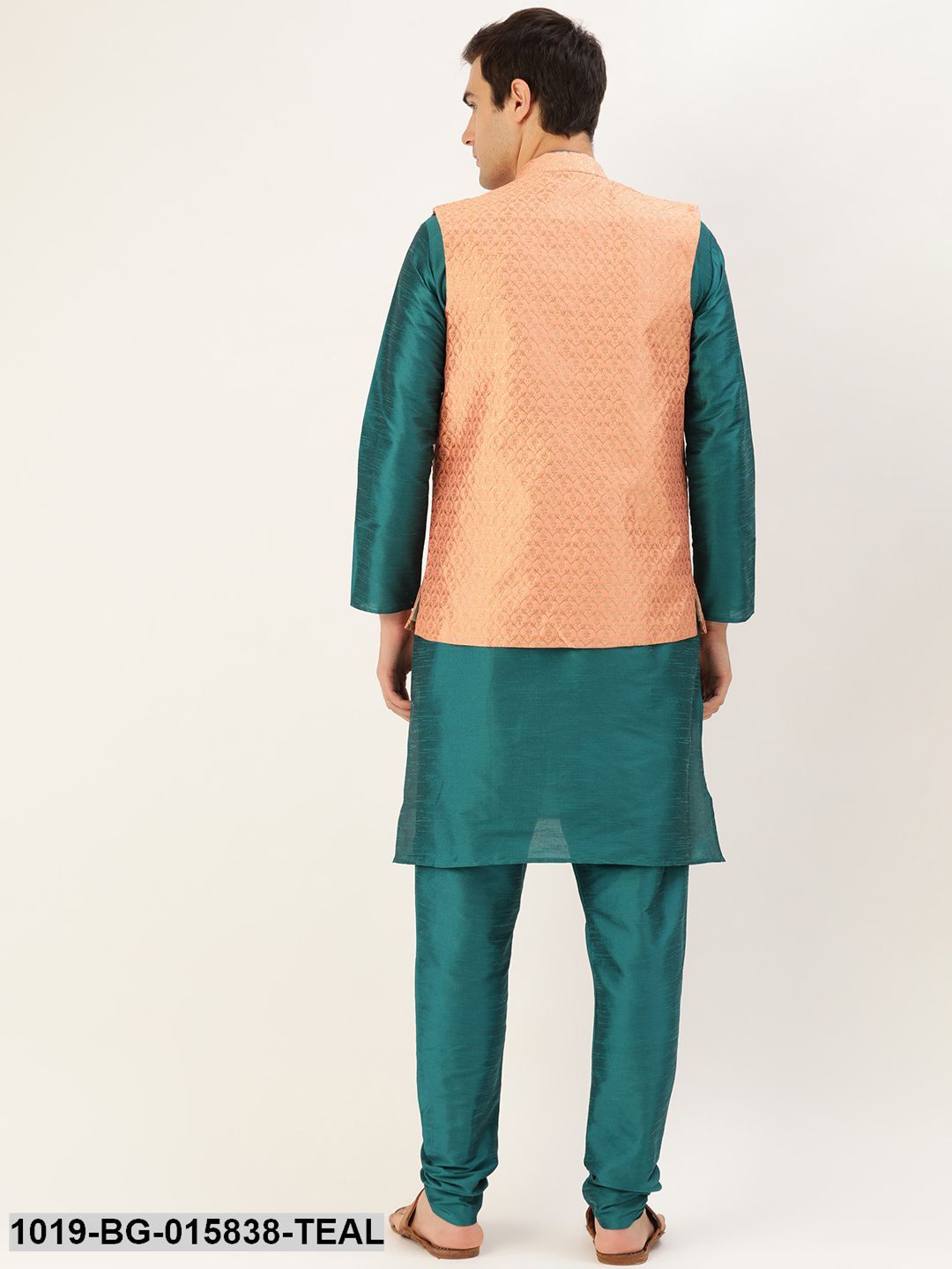 Men's Silk Blend Teal Green Kurta Pyjama & Peach Nehru jacket Combo