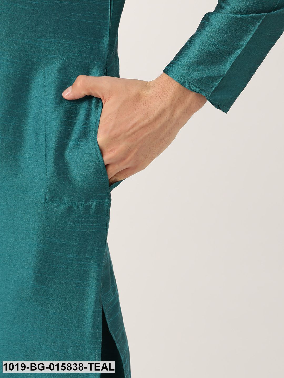 Men's Silk Blend Teal Green Kurta Pyjama & Peach Nehru jacket Combo
