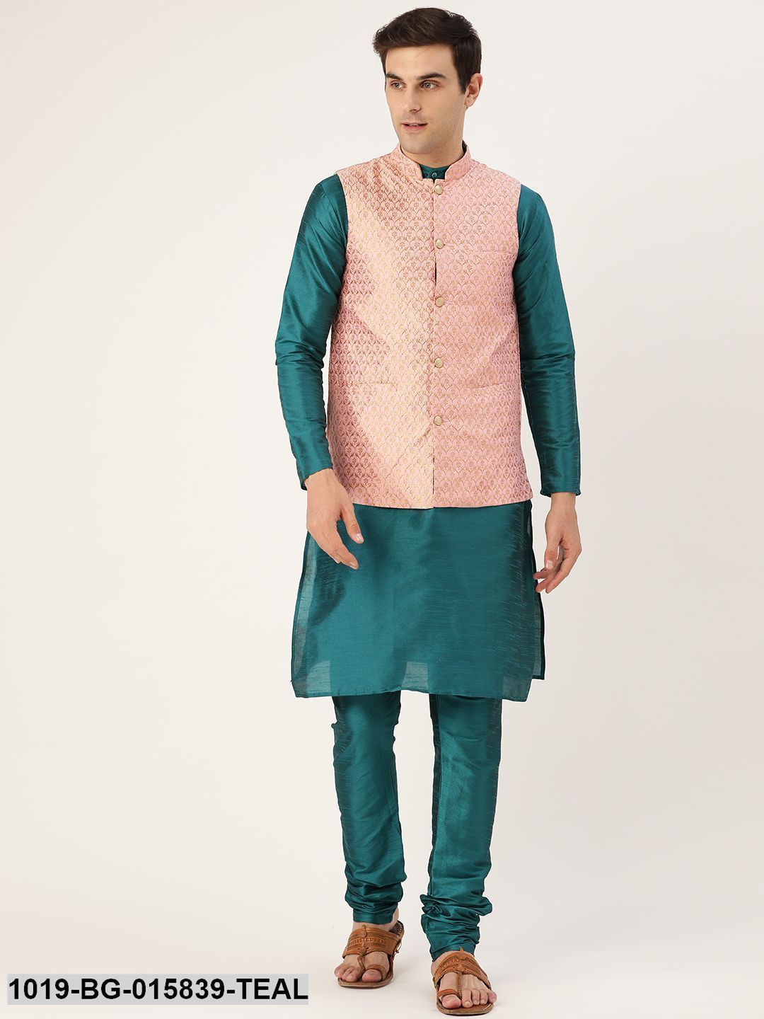 Men's Silk Blend Teal Green Kurta Pyjama & Light Pink Nehru jacket Combo