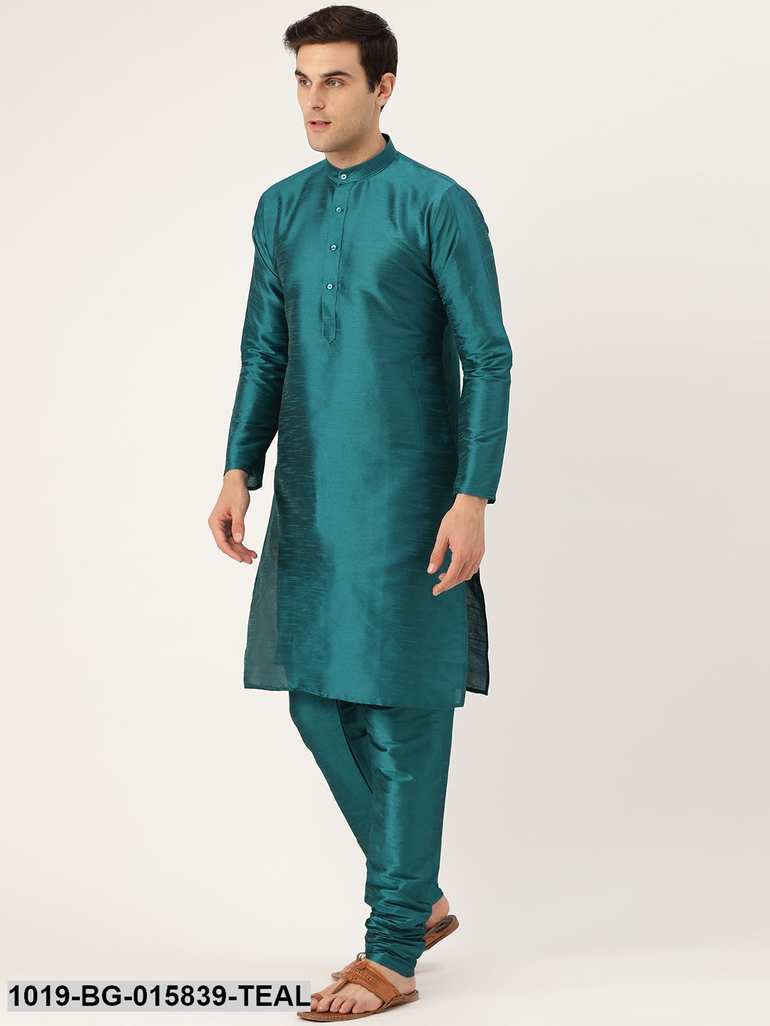 Men's Silk Blend Teal Green Kurta Pyjama & Light Pink Nehru jacket Combo
