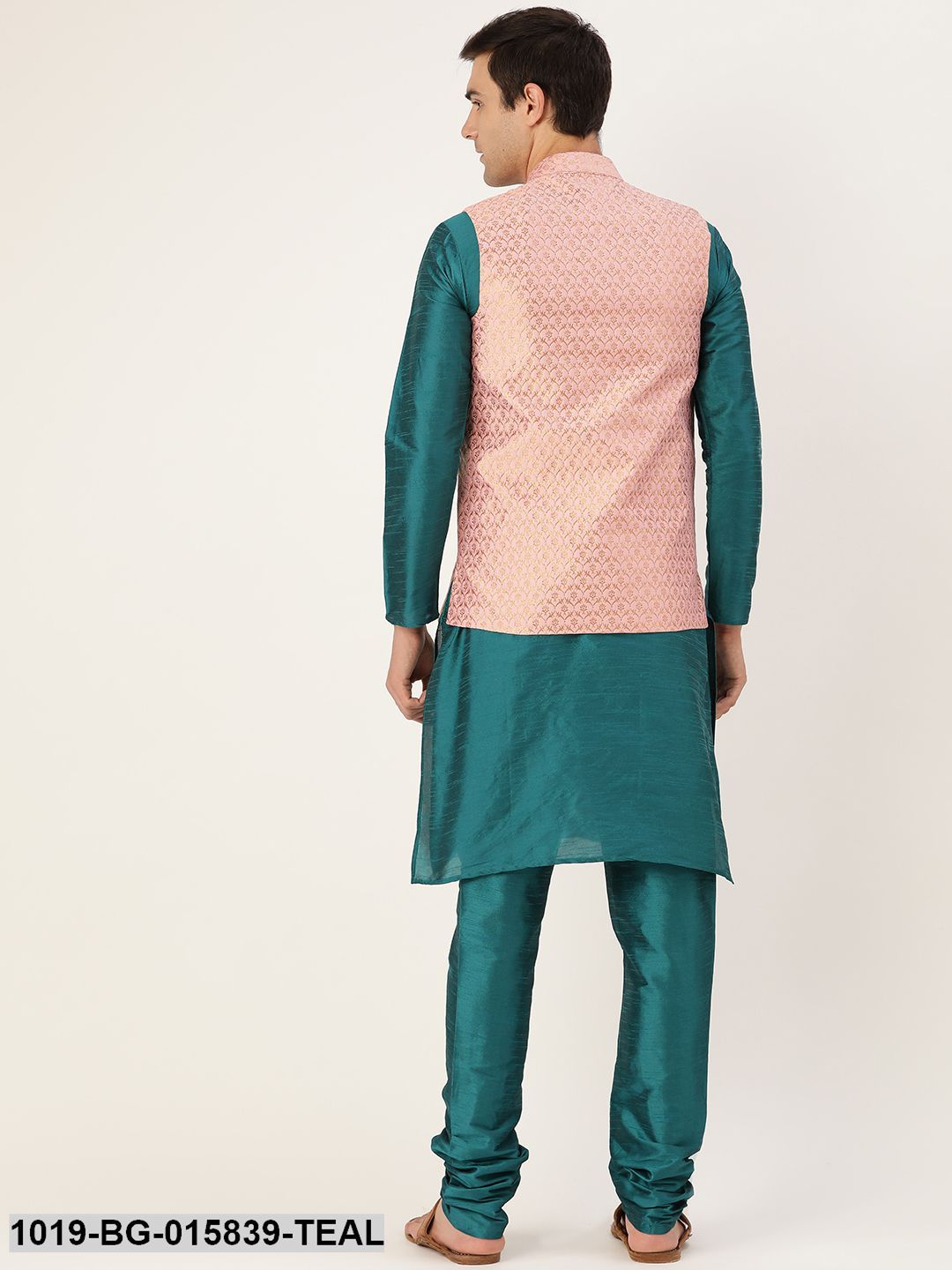Men's Silk Blend Teal Green Kurta Pyjama & Light Pink Nehru jacket Combo