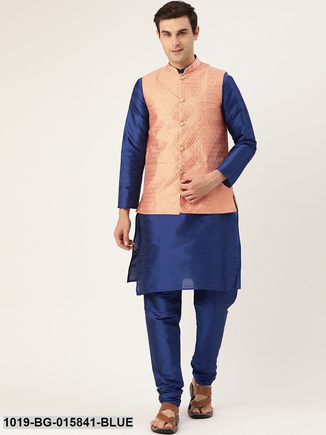 Men's Silk Blend Royal Blue Kurta Pyjama & Peach Nehru jacket Combo