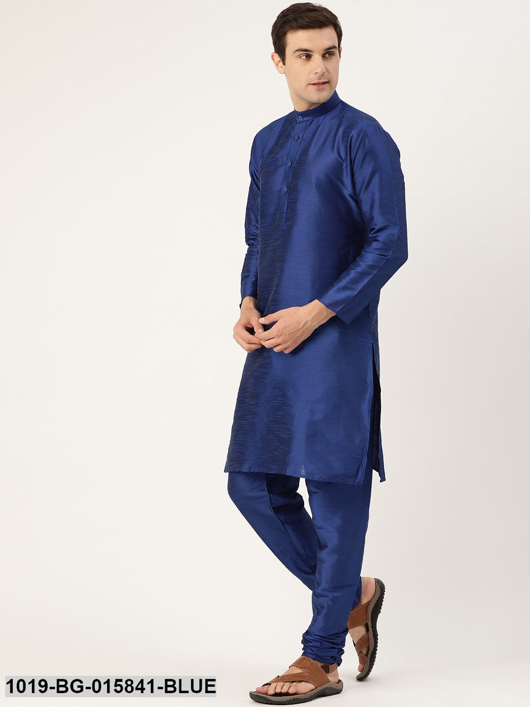 Men's Silk Blend Royal Blue Kurta Pyjama & Peach Nehru jacket Combo