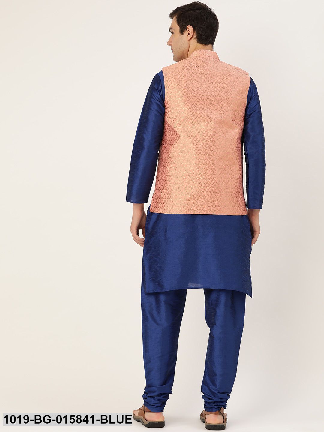 Men's Silk Blend Royal Blue Kurta Pyjama & Peach Nehru jacket Combo