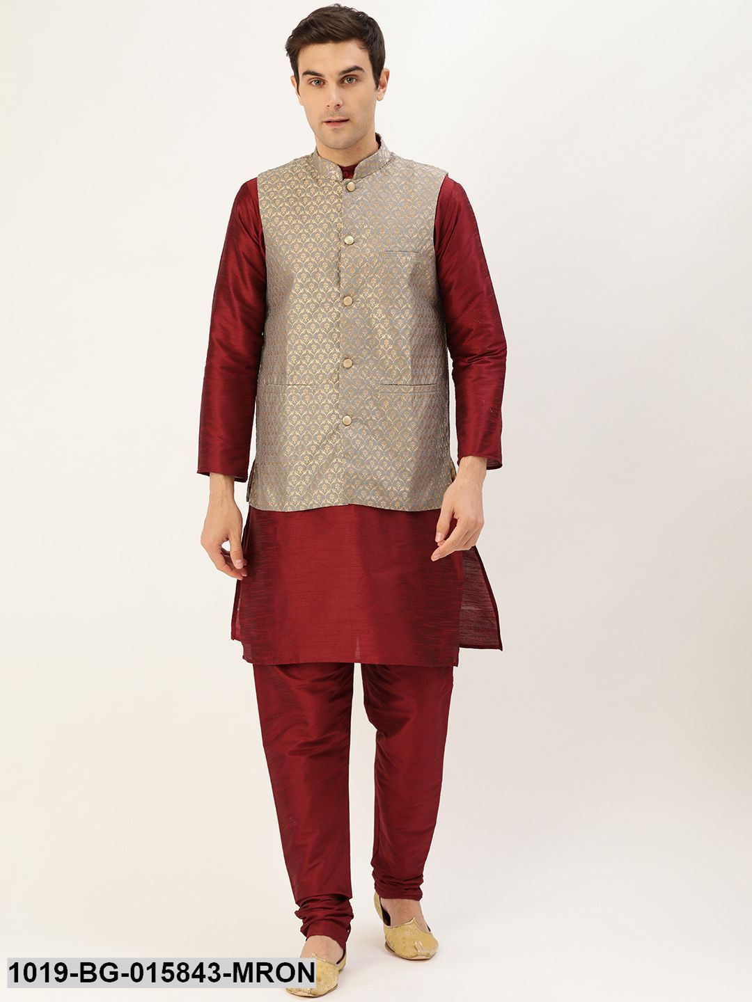 Men's Silk Blend Maroon Kurta Pyjama & Grey Nehru jacket Combo