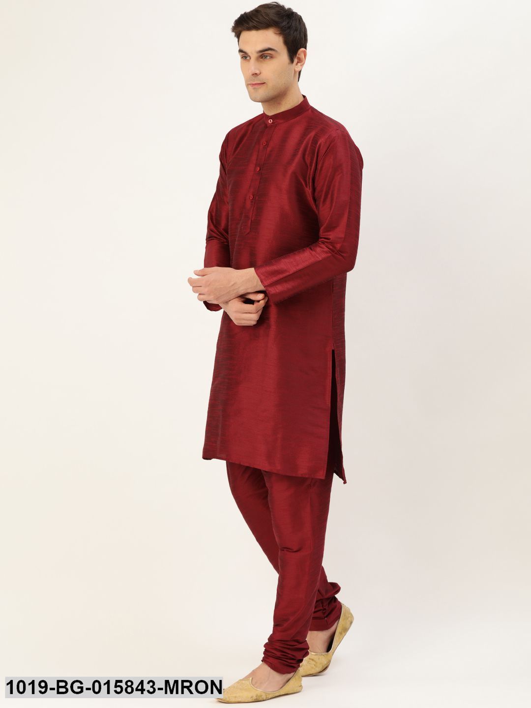 Men's Silk Blend Maroon Kurta Pyjama & Grey Nehru jacket Combo