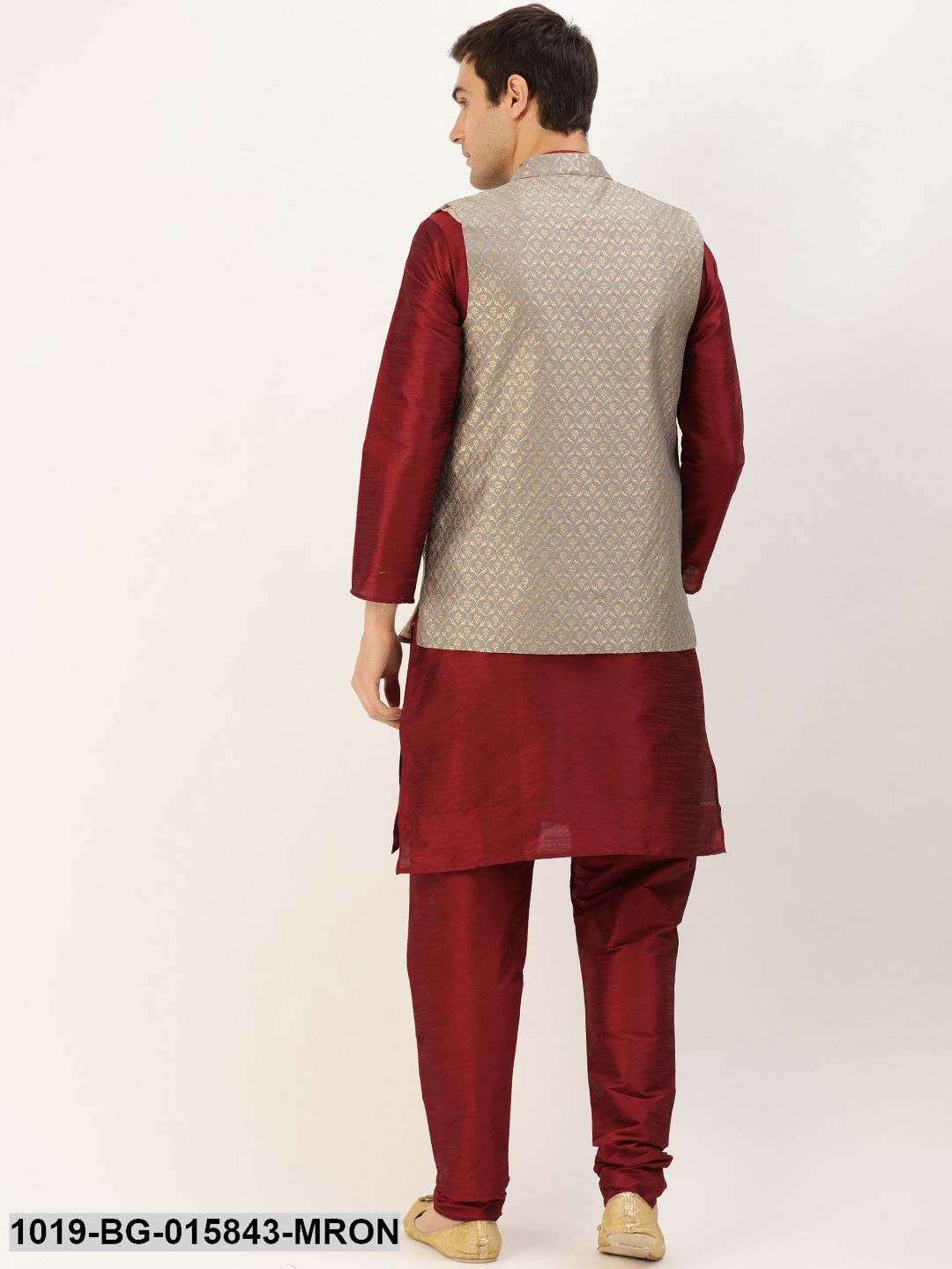 Men's Silk Blend Maroon Kurta Pyjama & Grey Nehru jacket Combo