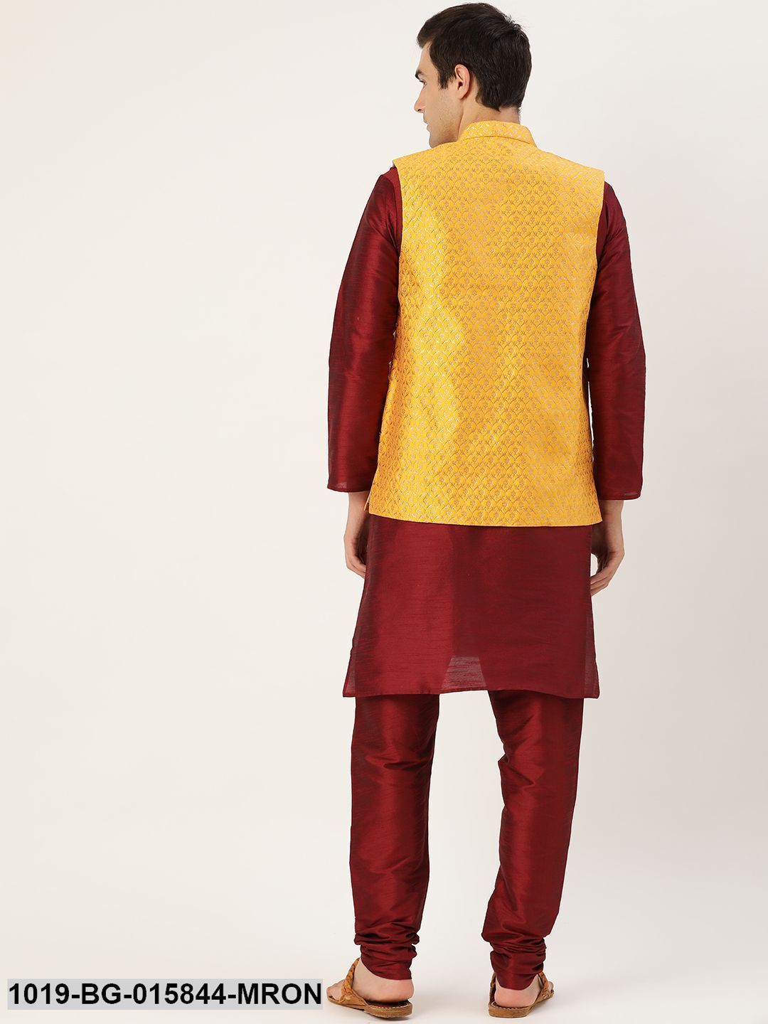 Men's Silk Blend Maroon Kurta Pyjama & Mustard Nehru jacket Combo - Sojanya