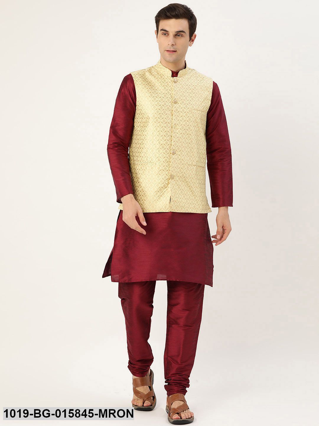 Men's Silk Blend Maroon Kurta Pyjama & Lime Green Nehru jacket Combo