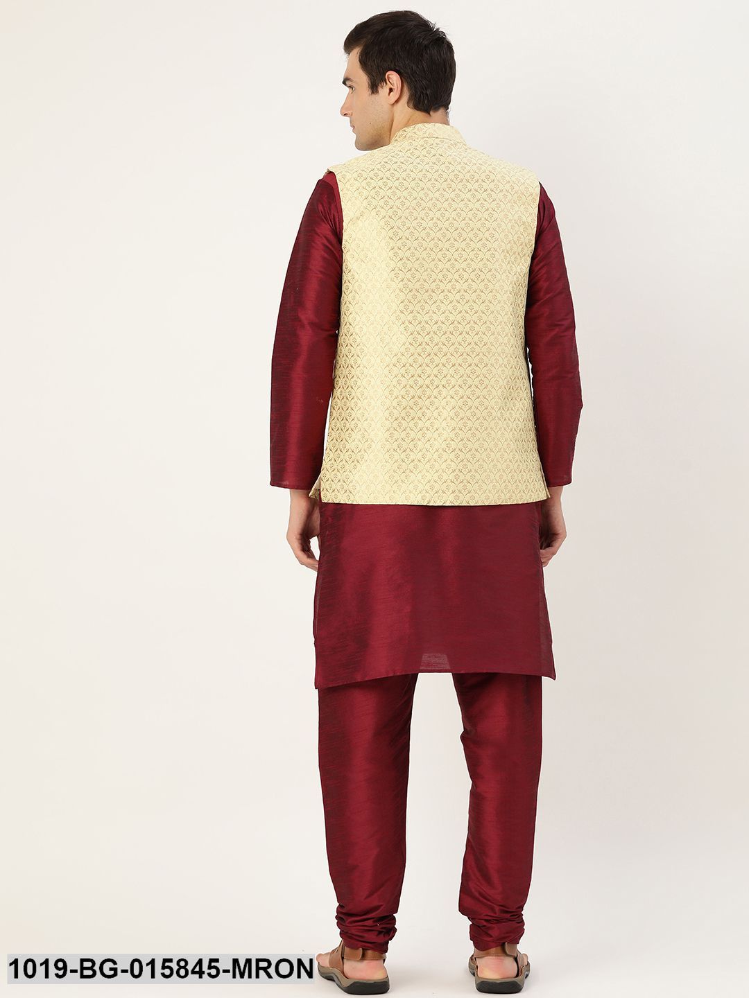 Men's Silk Blend Maroon Kurta Pyjama & Lime Green Nehru jacket Combo