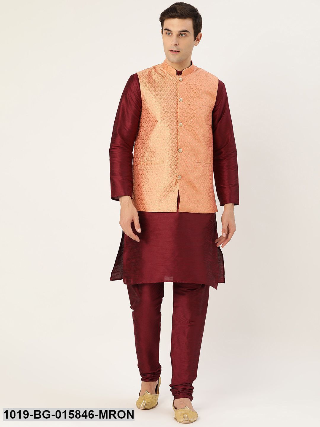 Men's Silk Blend Maroon Kurta Pyjama & Peach Nehru jacket Combo