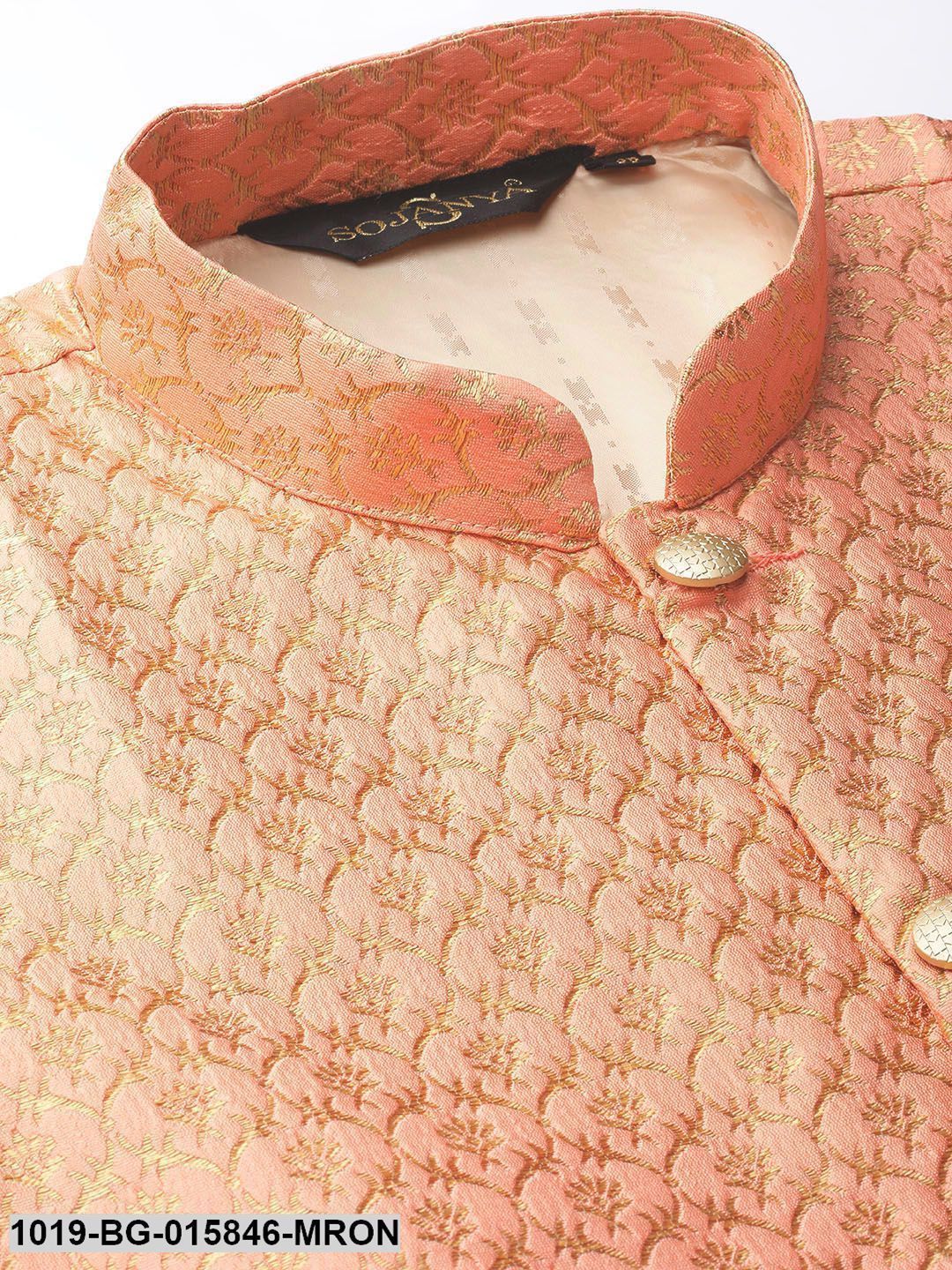 Men's Silk Blend Maroon Kurta Pyjama & Peach Nehru jacket Combo