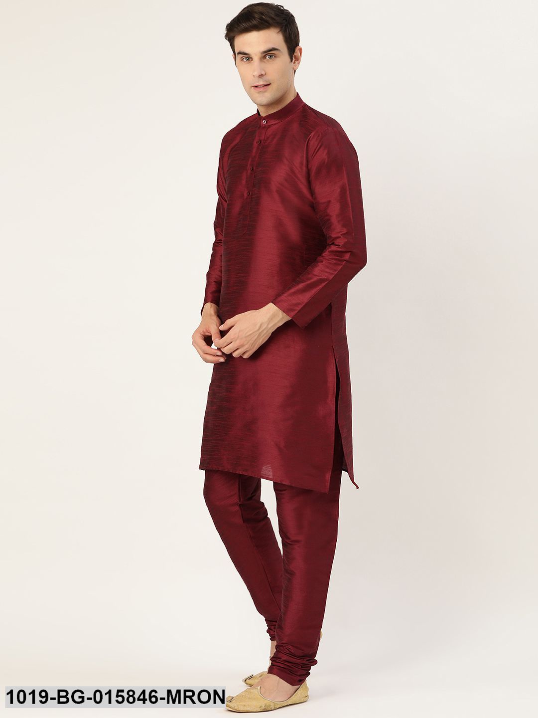 Men's Silk Blend Maroon Kurta Pyjama & Peach Nehru jacket Combo